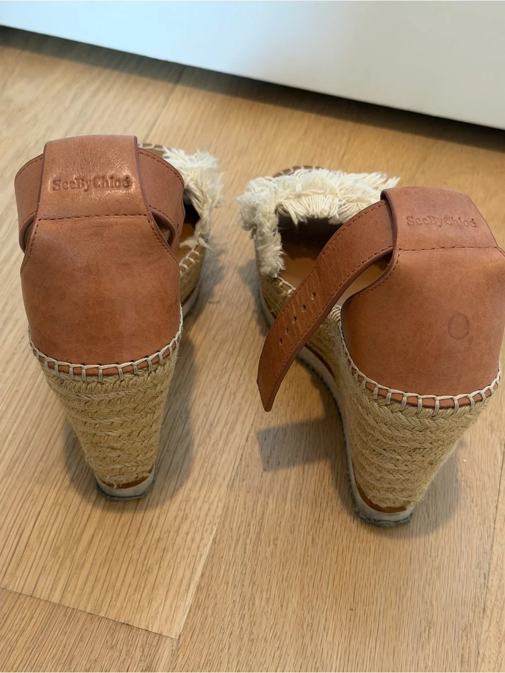 See By Chloé Brown Leather Fringe Espadrille Platform Wedges